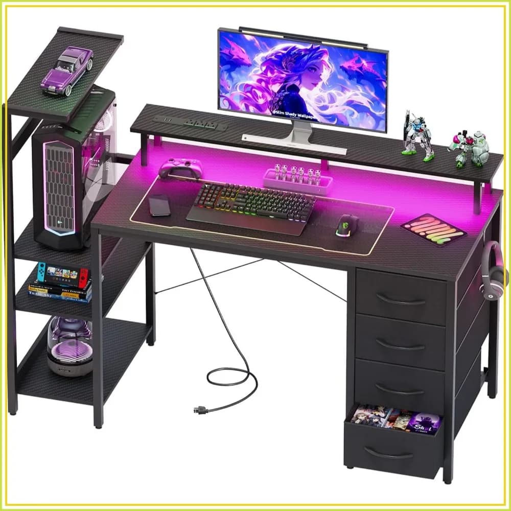 51 Inch Gaming Desk with Power Outlet and LED Lights, Computer Desk with 4 Drawers & Storage Shelves, Reversible Home Office Desk with Monitor Stand