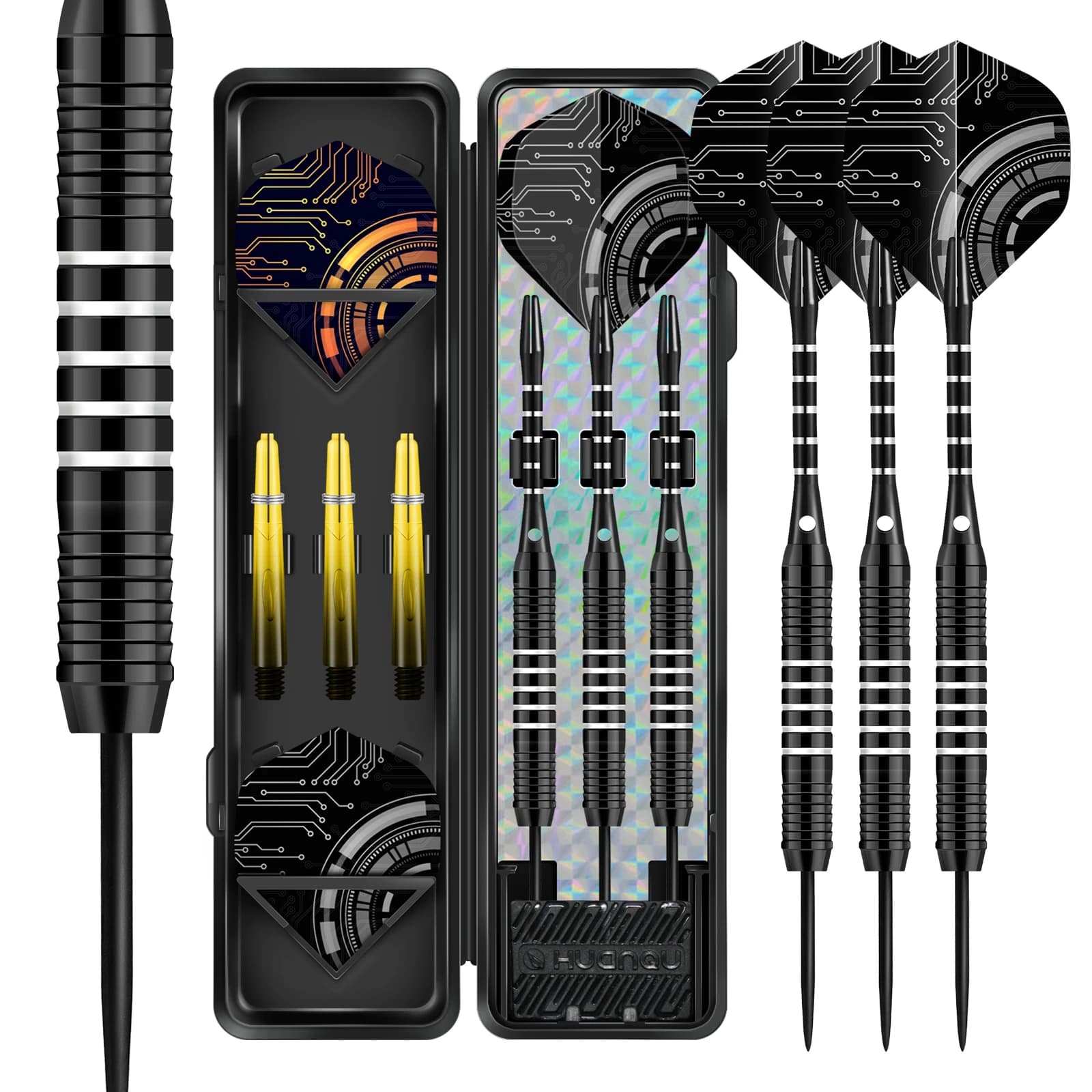 HUANQU 24g Iron Steel Tip Darts Set, Textured Grip, Spare Shafts & Flights, Portable Case, Adult Training, Bar Games