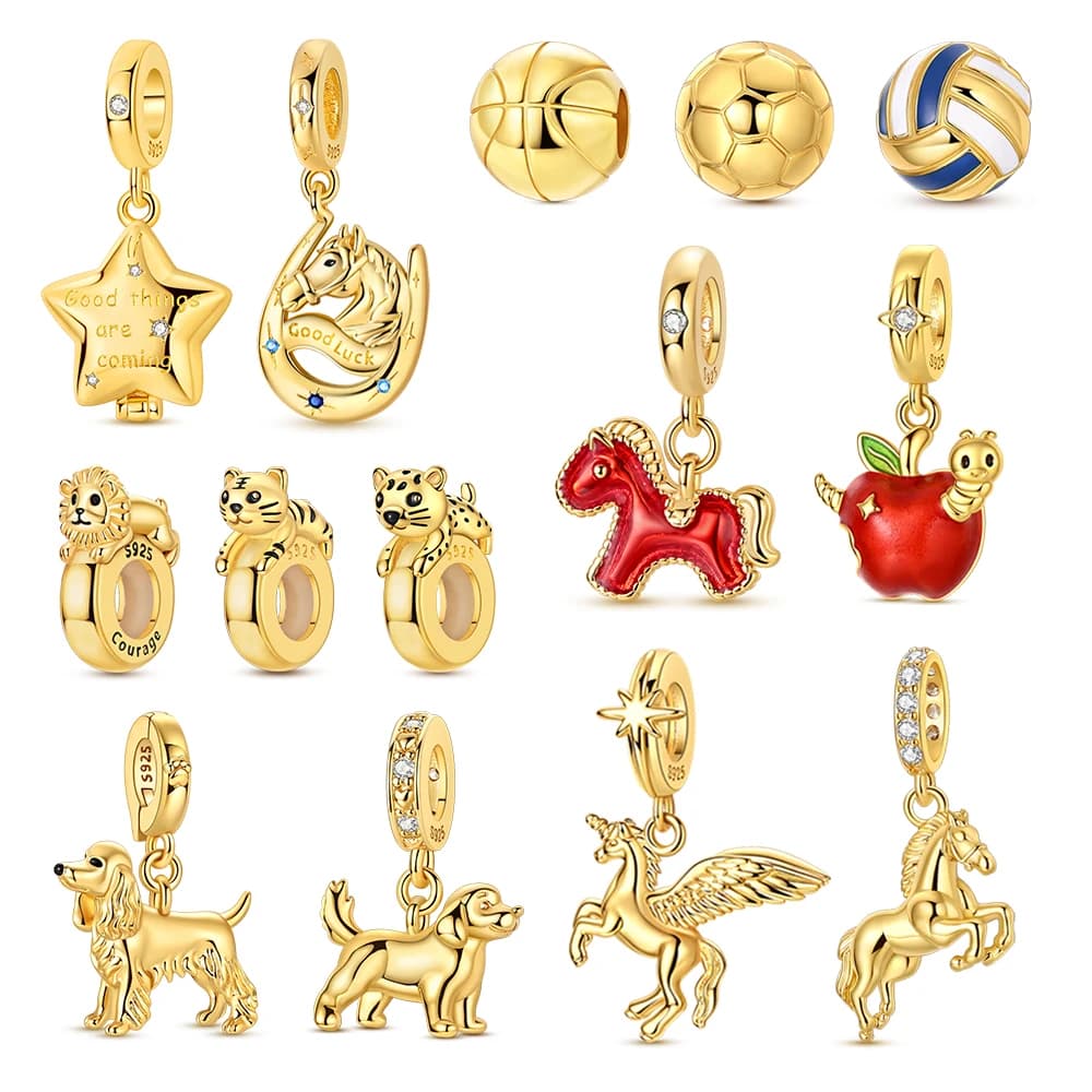 Sterling 925 Silver Gold Series Charm Pendant with Patterns Apple, Red Horse, Unicorn, Puppy, Football, Volleyball, Star, Moon, Suitable for Bracelets and Necklaces Make by You, Gifts