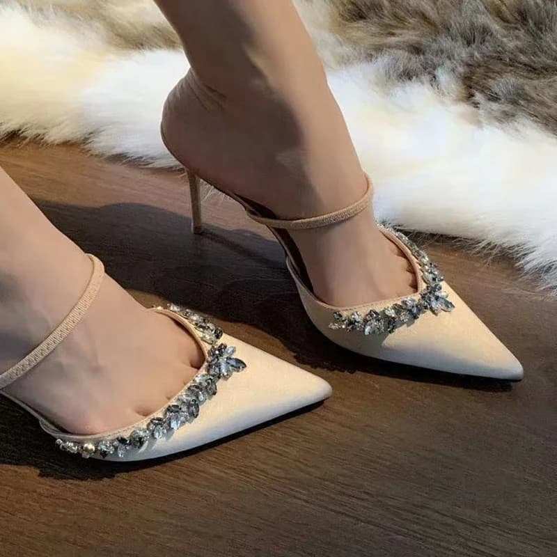 Sandali Moderni con Tacco Alto e Punta Affusolata per Donna, Scarpe Estive con Tacco Sottile, Design con Cristalli Color Albicocca, Scarpe da Ufficio e da Festa di Lusso