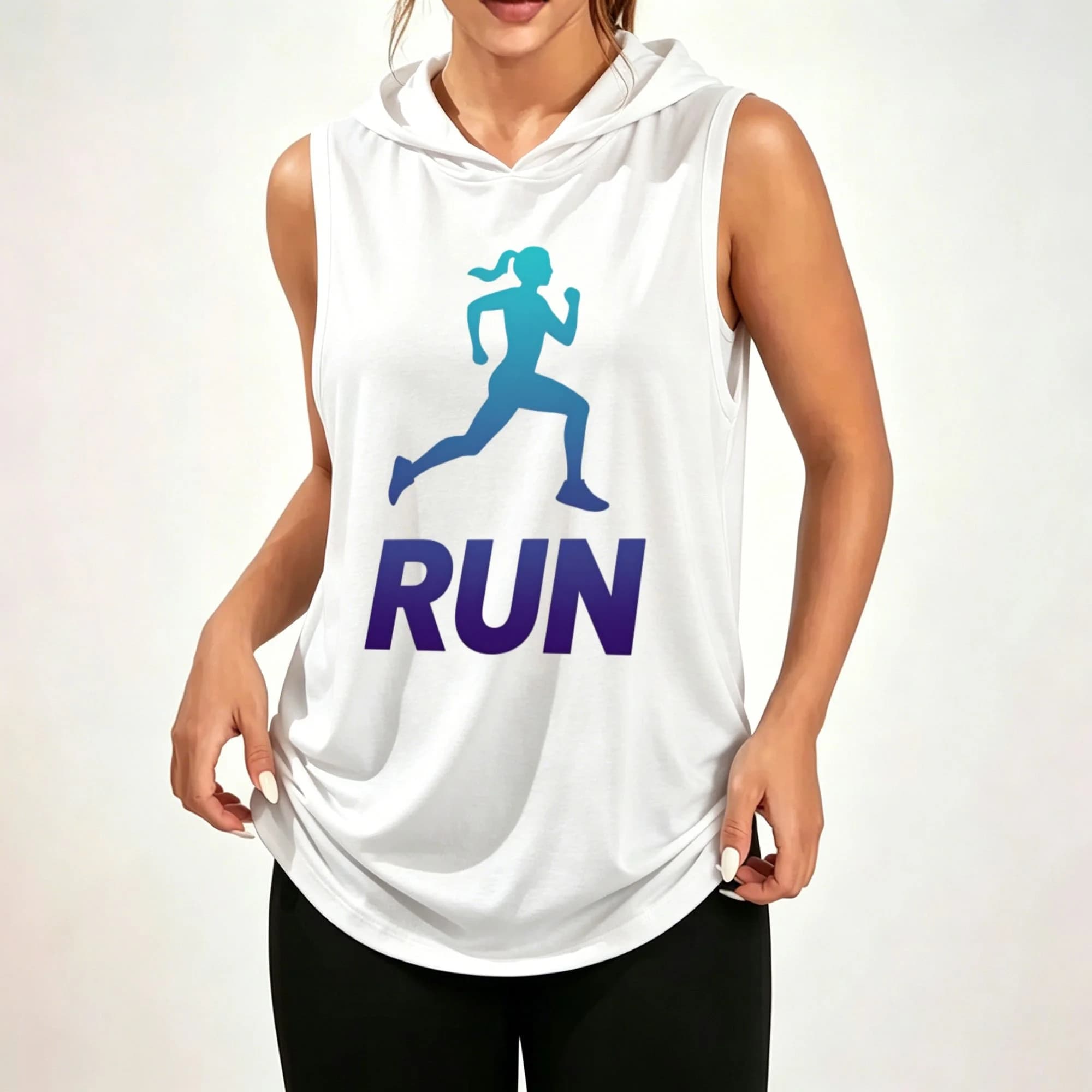 Unisex Loose Sleeveless Hoodie – Plus-Size Athletic Top Featuring "RUN" Lettering and a Gradient-Style Ponytail-Wearing Runner Graphic (Ideal for Outdoor Jogging)
