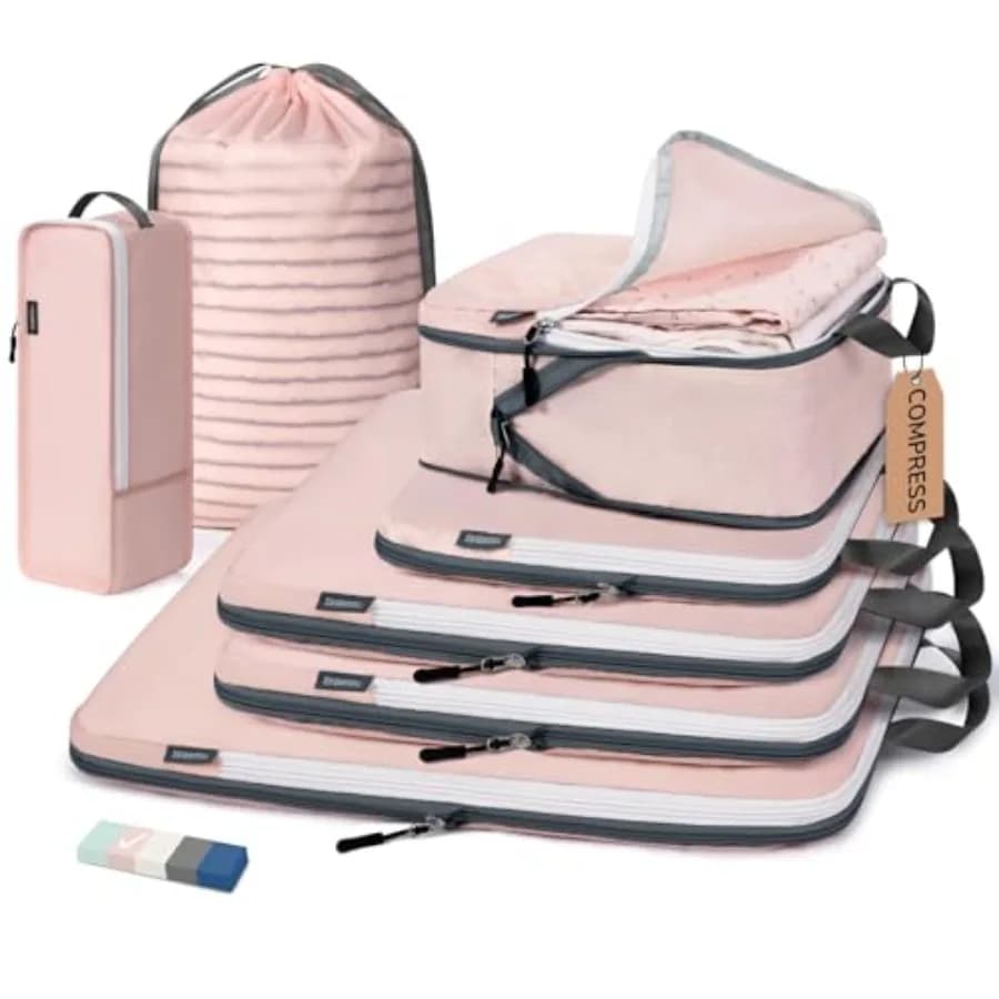Set di 7 Cubi di Compressione Rosa per Viaggi, Organizzatori per Valigie da Donna, Borse per Valigie, Accessori Essenziali da Viaggio con Luce