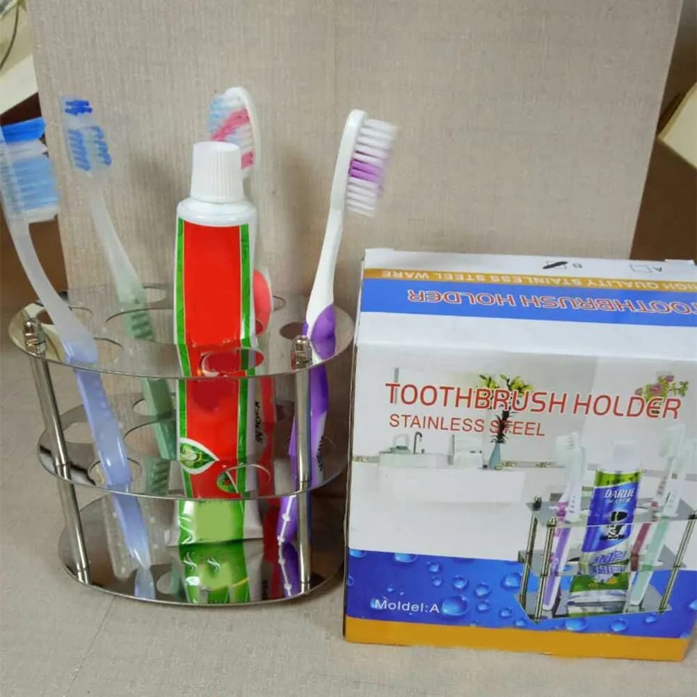 Portaspazzolini in Metallo Acciaio Inossidabile a 6 Scomparti con Vano Porta Dentifricio, Supporto da Parete o da Appoggio per Bagno