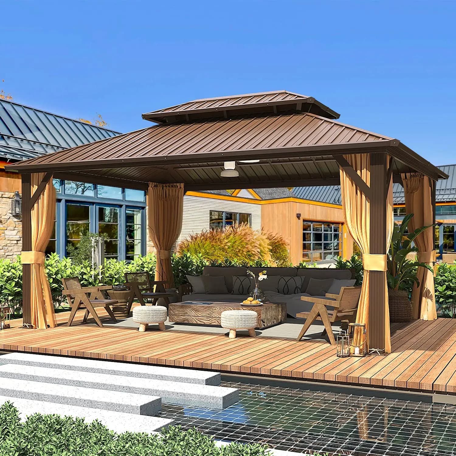 Gazebo 12x16 con Tetto Rigido in Acciaio Zincato, Telaio in Alluminio, Tende e Zanzariere Incluse, per Giardino, Patio, Prato, Feste, Personalizzabile