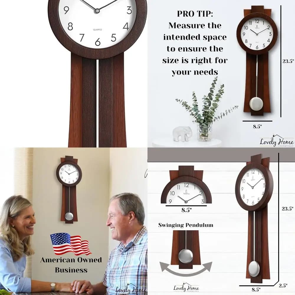Orologio a Pendolo da Parete Contemporaneo a Batteria - Orologio Silenzioso in Legno 23,5 cm per Arredamento Casa e Ufficio