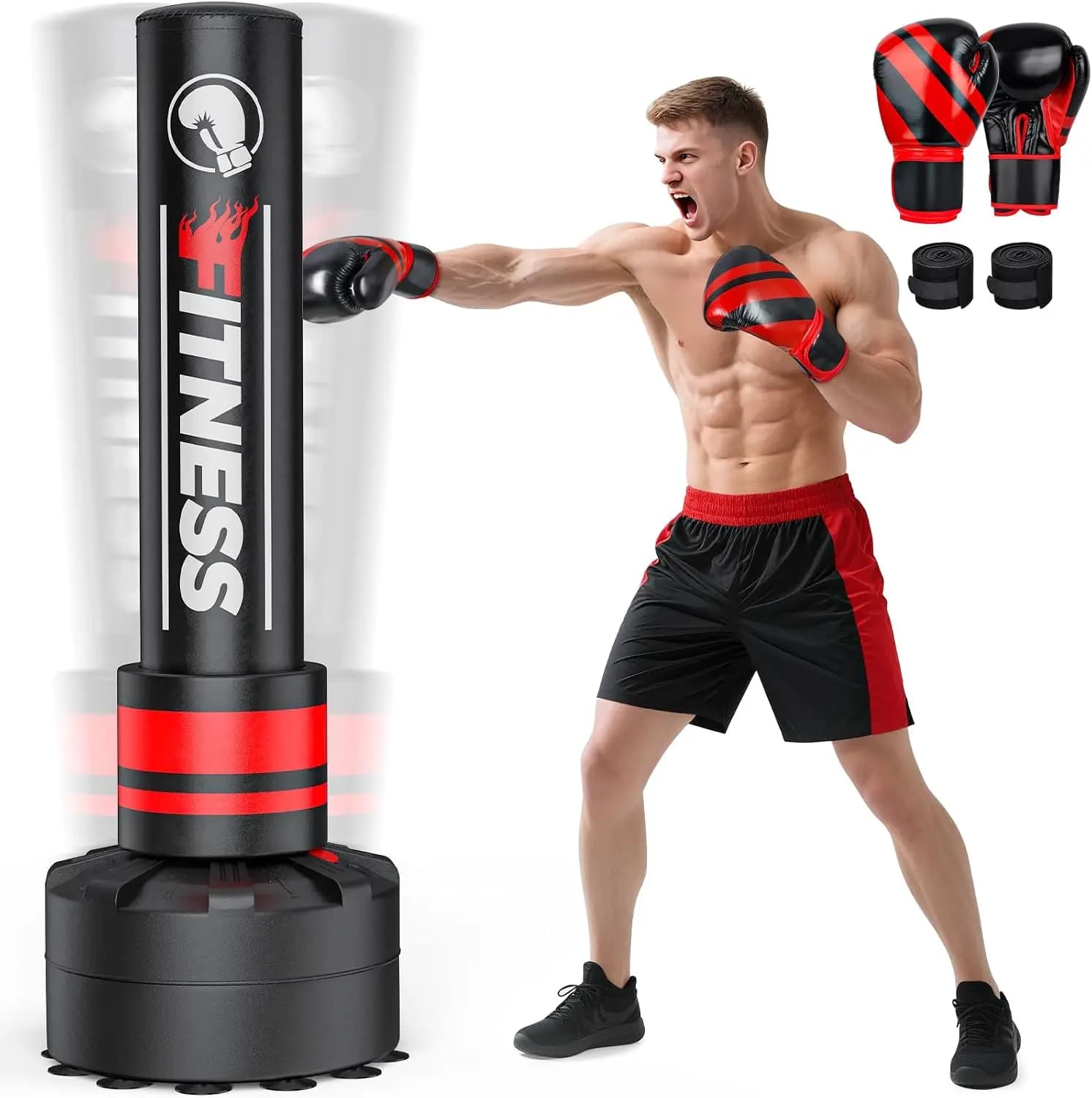 Freestanding Punching Bag for Adults, Heavy Boxing Bag with Stand, Red PU Leather, 70in Tall