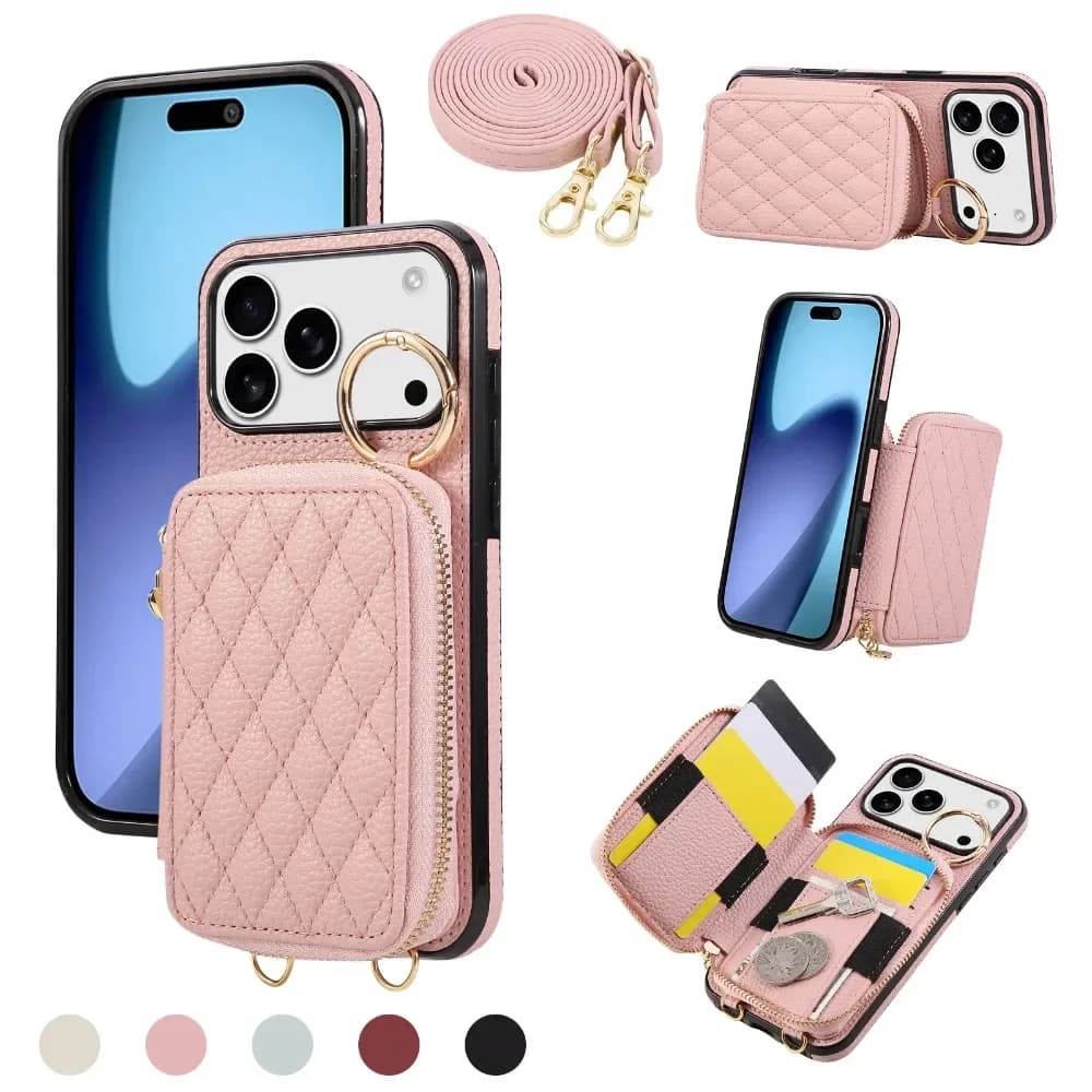 Custodia a tracolla con cerniera e scomparti per carte, in pelle PU, per iPhone 17 Air 16 Pro Max 15 Plus 14 13 12 11