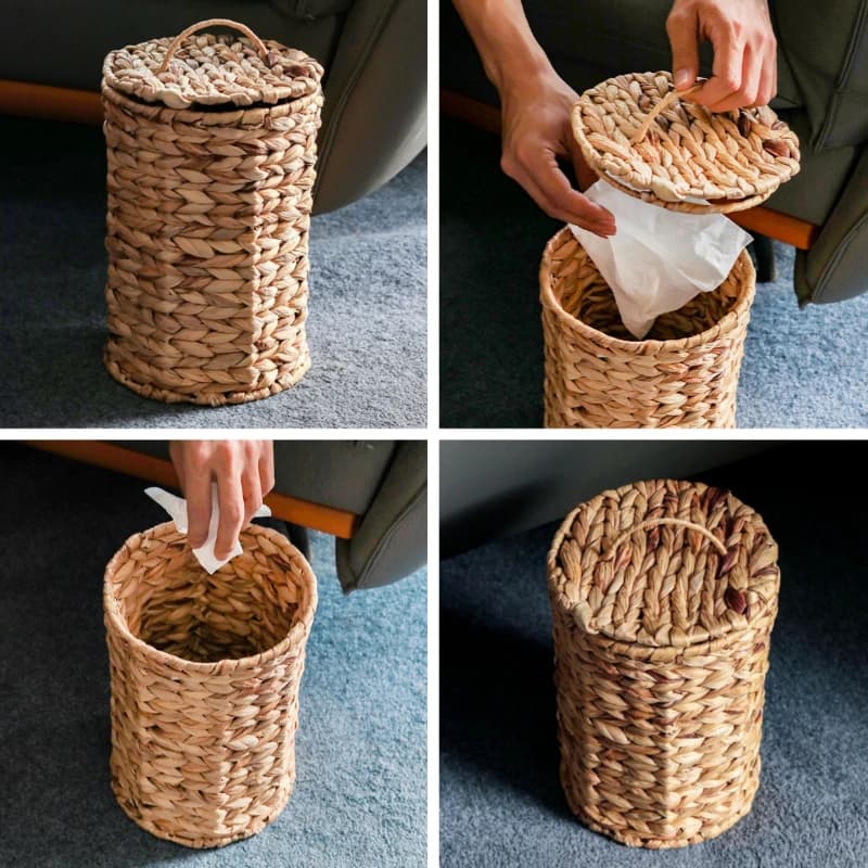 Cestino per Rifiuti in Erba Intrecciata Naturale Fatto a Mano, Cesto Portarifiuti da Scrivania per Camera da Letto con Coperchio, Cesto Contenitore in Rattan Leggero