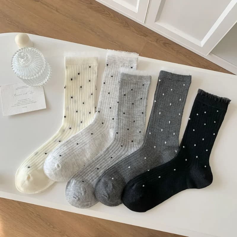Summer Women's Bamboo Fiber Socks Breathable Moisture Wicking Mid Crew Socks Dot Lace Trim Striped Design Thin Casual Socks