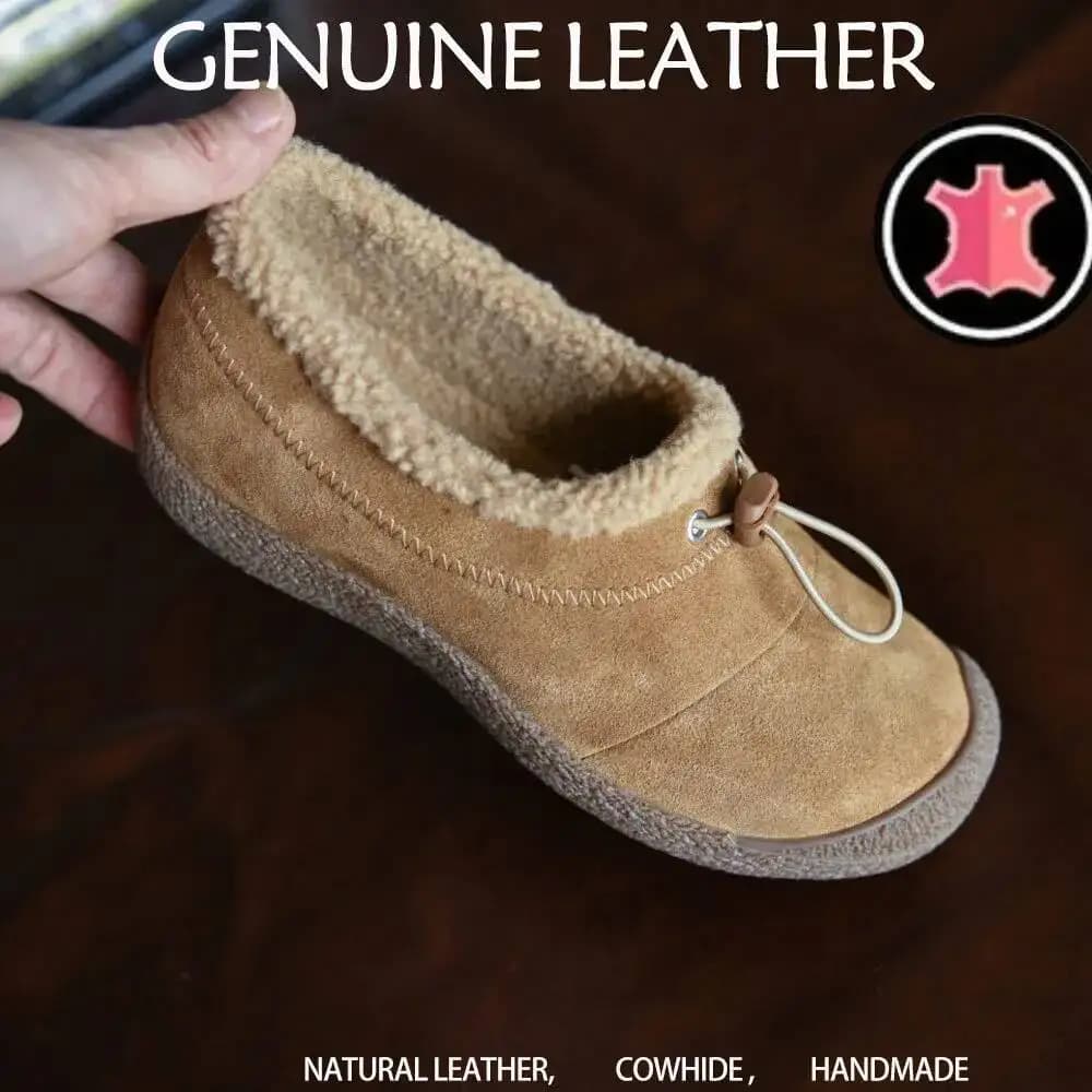 Thick Bottom Genuine Leather Plush Slippers Women's Winter Warm Fleece Slip-On Clog Style round Toe Casual Rubber Sole Footwear
