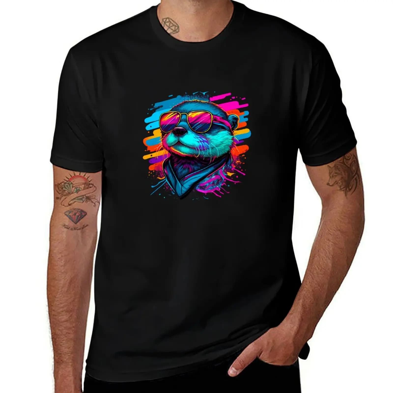 Occhiali da sole Otter Style anni '80 Synthwave con maglietta sportiva casual in cotone a maniche corte