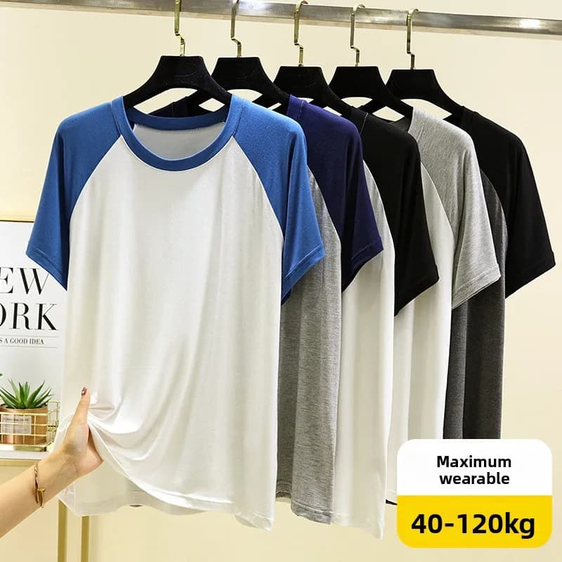 T-shirt da uomo in modal a maniche corte raglan, estivo, sottile, con patch a contrasto, maglia base a mezza manica, pigiama, abbigliamento per la casa