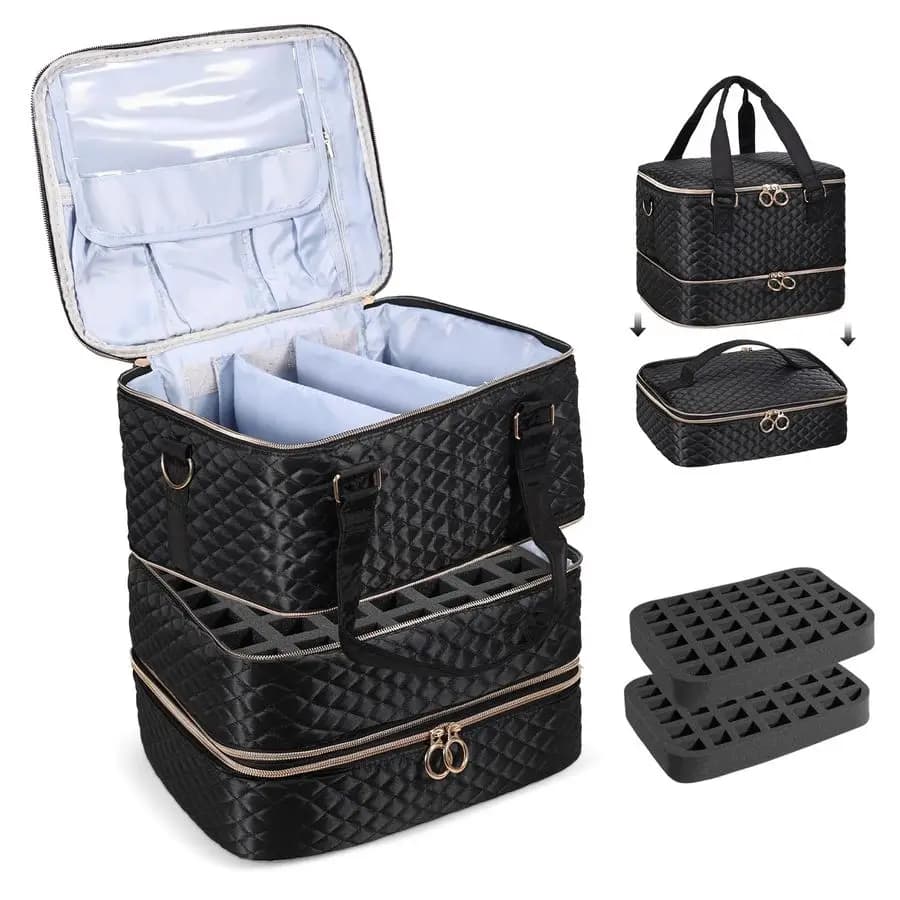 Organizer case for nail polishes with capacity of 84 bottles and nail lamp, large bag for organizing nail polishes and tools.
