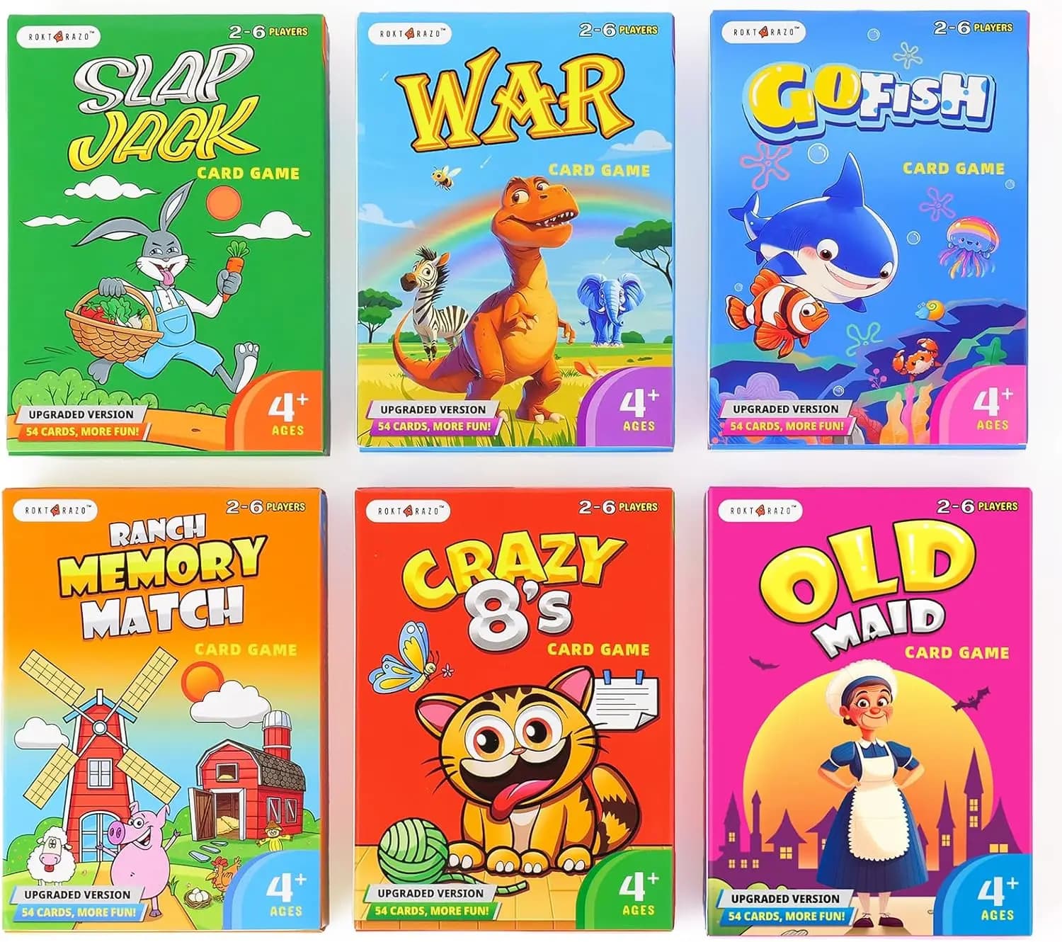 Set di 6 Giochi di Carte: Go Fish, Old Maid, Crazy Eights, Memory Match, Slap Jack, War - Perfetto per Pasqua e come Regalo per le Bambine e i Bambini