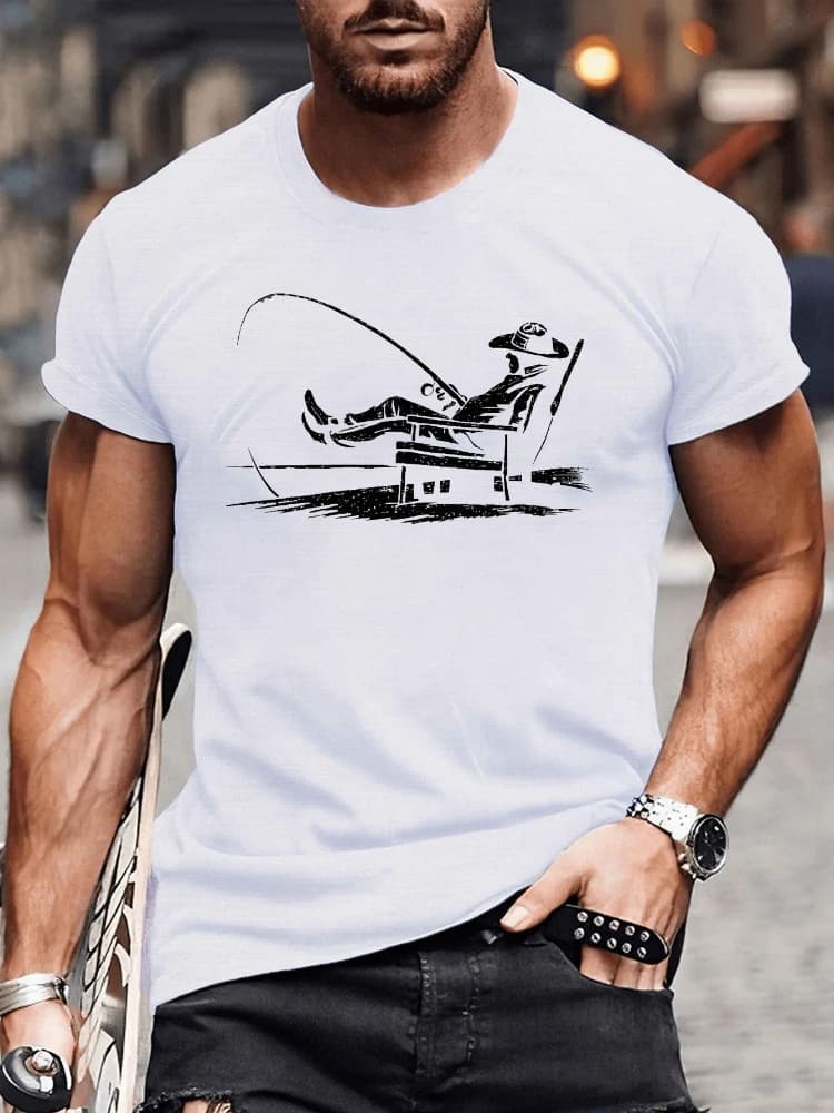 Grande e alto con canna da pesca Design grafico - T-shirt stampata casual estiva a maniche corte con scollo a O in cotone 100%.