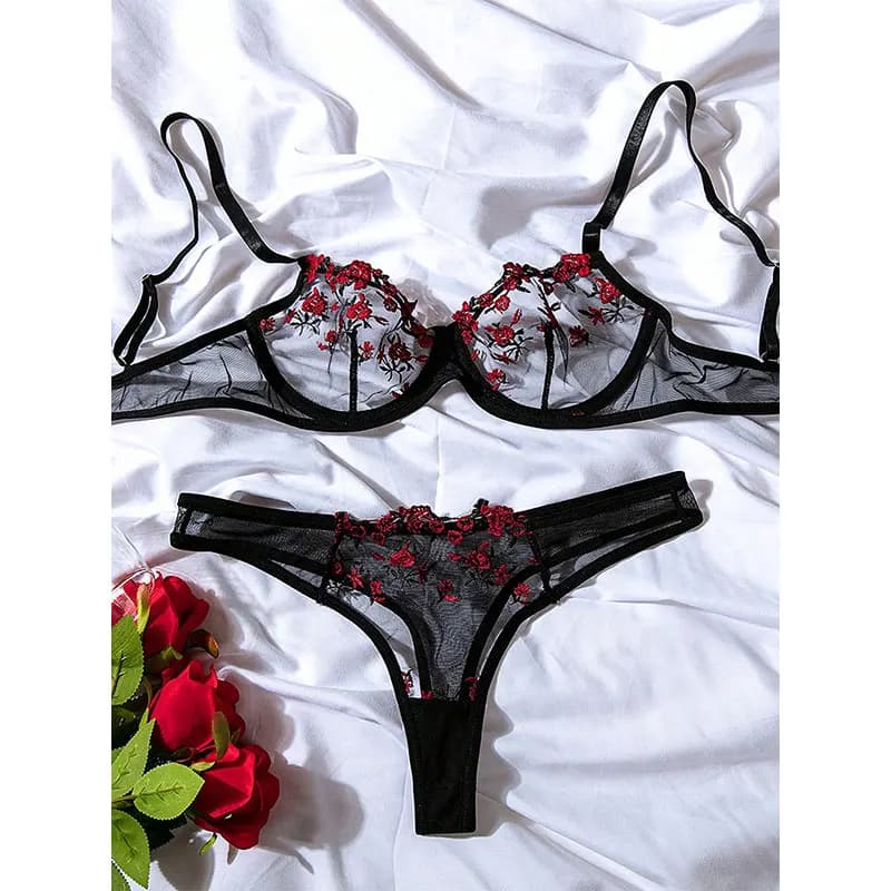 Donna 2 pezzi Black Daily Lingerie Sexy ricamo floreale intimo pizzo trasparente kit per la cura della pelle corta Set di fate Delicate
