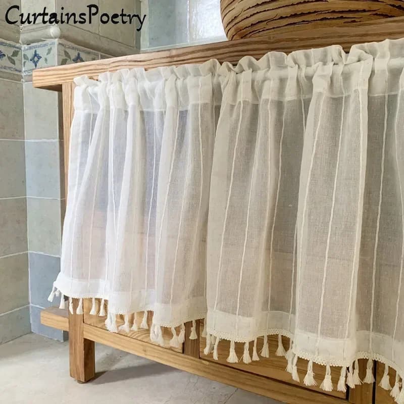 Tende corte velate per armadietto, mantovana per mezza finestra con nappe e passante per asta, divisorio per Caffetteria, Cucina, Bagno, Soggiorno, Porta