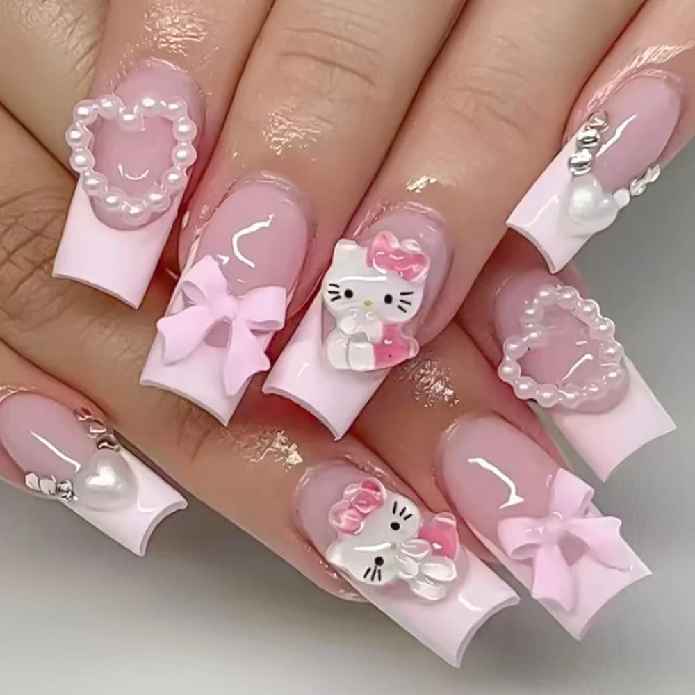 24 Pezzi Unghie Finte 3D Hello Kitty con Fiocco di Perle, Unghie Finte Medie a Coffin Rosa Francese, Patch Unghie Finte Y2K Cartoon, Unghie Press-On Indossabili da Donna