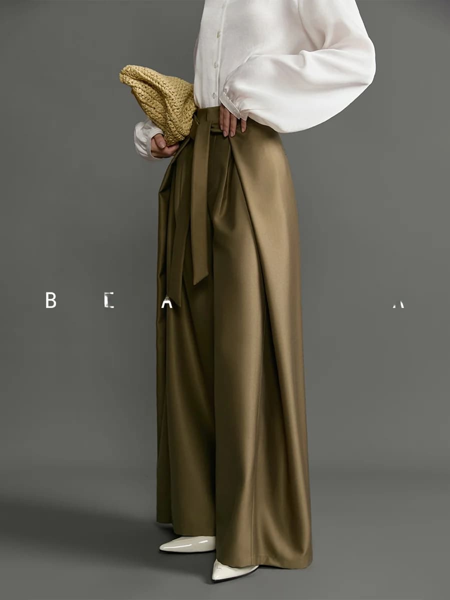 BEA HEA Pantaloni a Vita Alta a Gamba Larga con Design a Gonna Plissettata, Modellanti, Stile Francese, in Misto Poliestere, da Donna