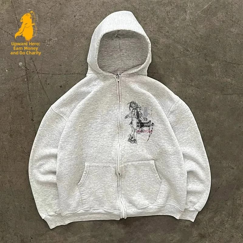 Upward Hero Zipper Jacket Loose Fit Unisex Hoodie Casual Warm Cotton Long Sleeve Sweatshirt for Couples And Students