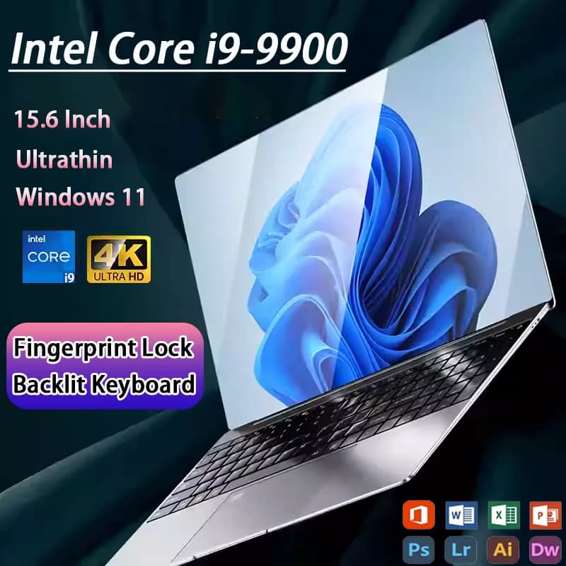 Computer portatile da 15.6'' con 16GB DDR4, SSD da 1TB/2TB, processore Intel i9-9900, sblocco con impronta digitale, Windows 11, ideale per ufficio, studio e giochi.