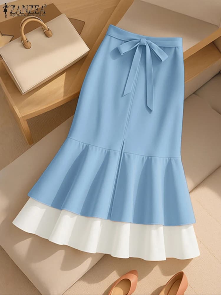 ZANZEA Autunno A Vita Alta A-line Gonna Midi Donne Eleganti OL Gonne da Lavoro Increspature Orlo Vestito Estivo Elegante Patchwork Partito Faldas Saia
