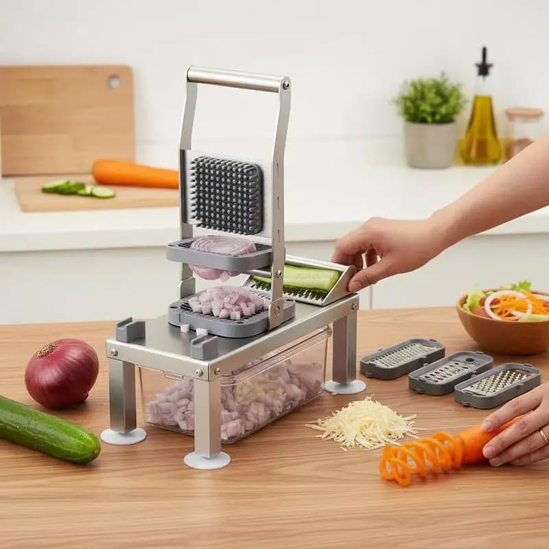 Multiutensile da cucina 13x5x5 pollici per piano di lavoro della cucina, preparazione insalate, preparazione pasti, 9 lame intercambiabili, tritatutto per cipolle e patate, contenitore integrato, accessorio spiralizzatore.
