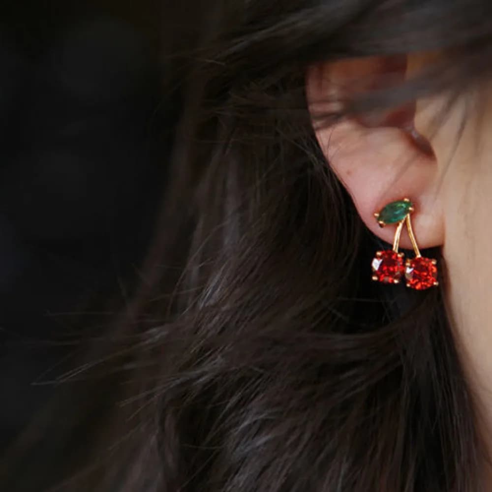 Nice green branches and leaves Red cherry crystal button earrings for women New temperament Korean wedding jewelry accessory