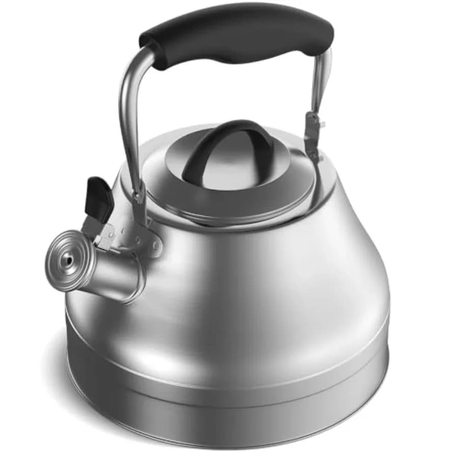 Stovetop Whistling Tea Kettle 2.4 QT Stainless Steel Teapot with Ergonomic Handle Fast Heating for Gas Electric and Induction S