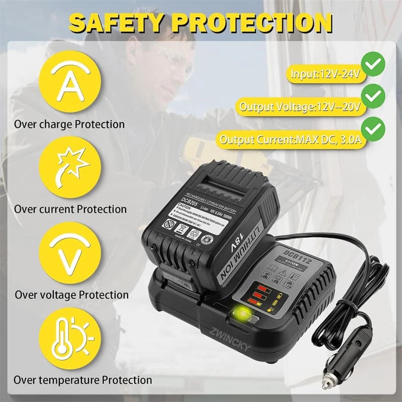 For DeWalt 18V 20V Battery Al Litio Replace DCB112 Vehicle Charger Portable Car Charger With LED Indicator Push Cigarette Lights