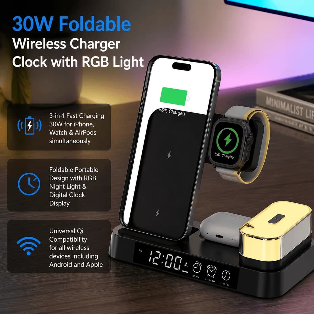 3 In 1 Foldable Wireless Charger For iPhone Apple Watch AirPods RGB Night Light Clock Fast Qi Charging Pad Travel Organizer
