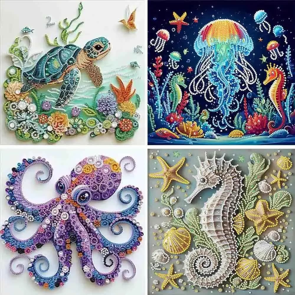 Set di 4 kit per pittura con diamanti a forma di animali marini per principianti, accessori per pittura con diamanti con strass di cristallo