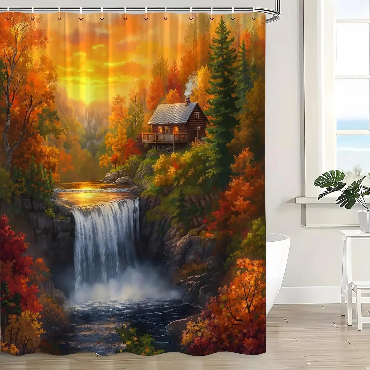 Tenda da doccia foresta autunnale Autunno Natura Paesaggio Cascata Foglie arancioni Albero Rustico Cabina della fattoria Tenda da bagno di campagna