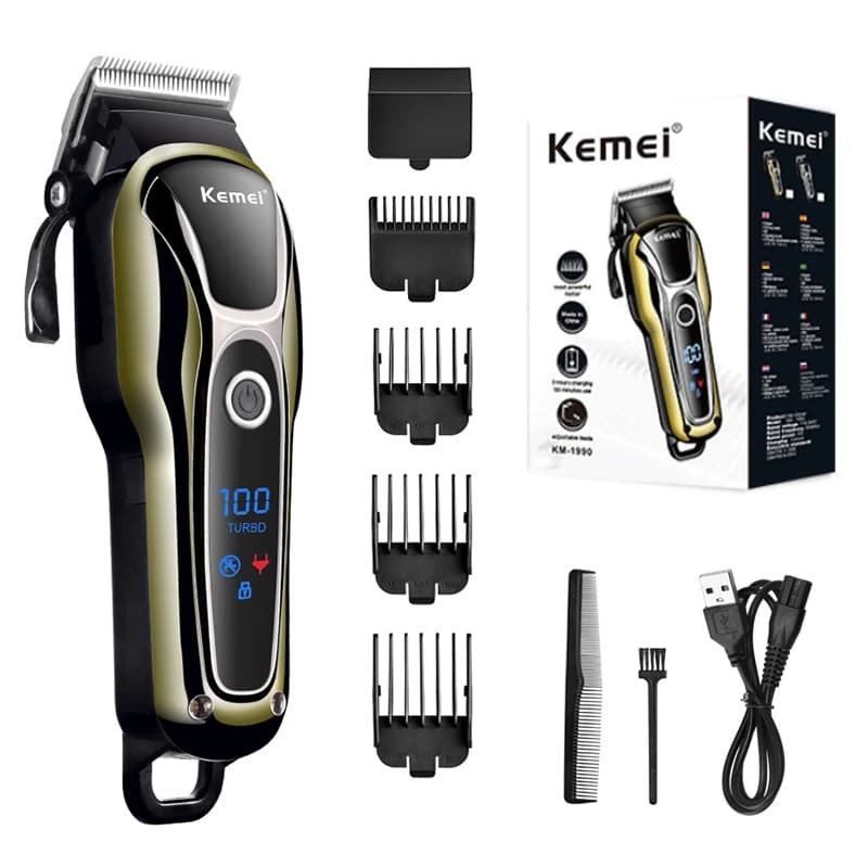 Kemei Professional Haircut Rechargeable, Trimmer Electric for Men, Hair Cutting Machine with LCD Display, Wireless Rulebar KM-1990