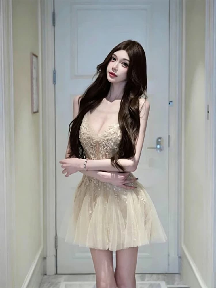 SYJ Shuyijia Lace Embroidery Halter Dress Women Summer Slim Fit Short Skirt Net Splicing V Neck Sleeveless Invisible Zipper Back