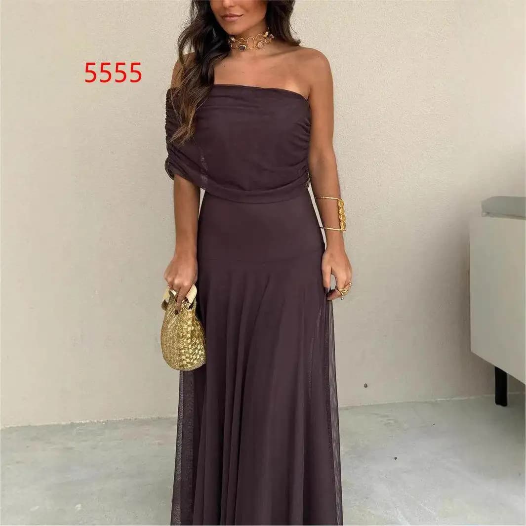 Elegant Mesh Splice Slim Fit Women's Dress Transparent See through Princess Style High Waist Cleanfit Design Autumn New Arrival