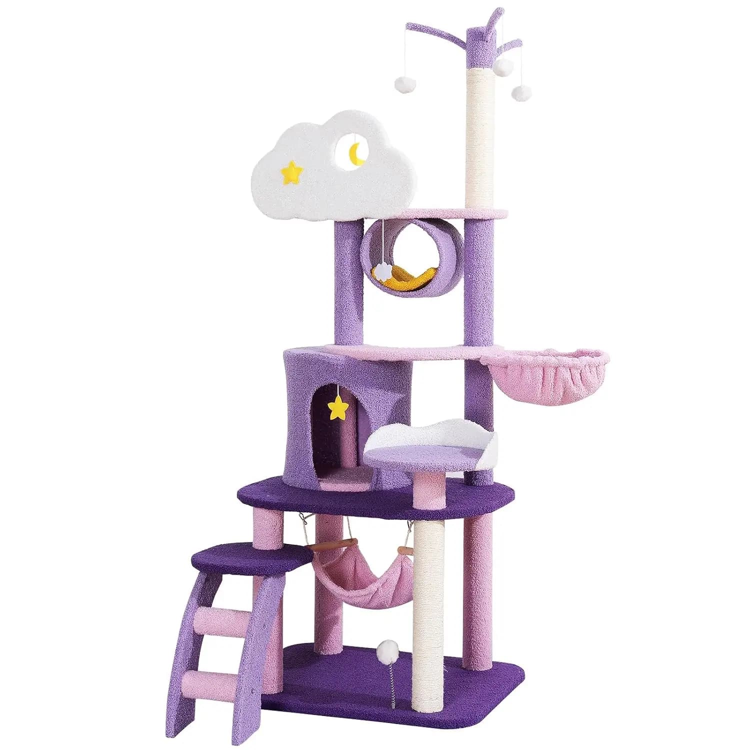65 Inch Purple Cat Tree for Indoor Cats, Large Tall Tower with Scratching Post Hammock Condo, Multi-Cat Castle, Customized