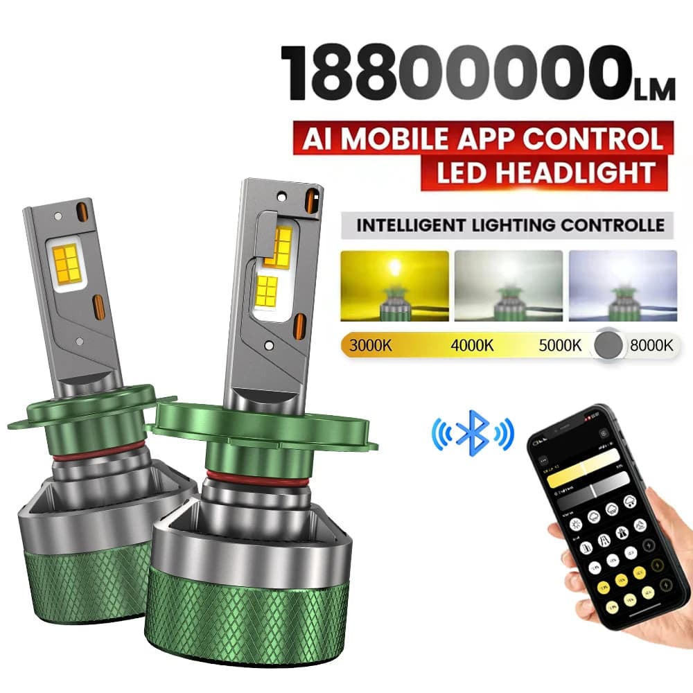 Faro LED H7 18.800.000LM con Controllo Bluetooth APP, Colore 3000K-8000K, Chip LED Intelligente ad Alta Potenza per Luci LED H1 H4 H11 9005 9006