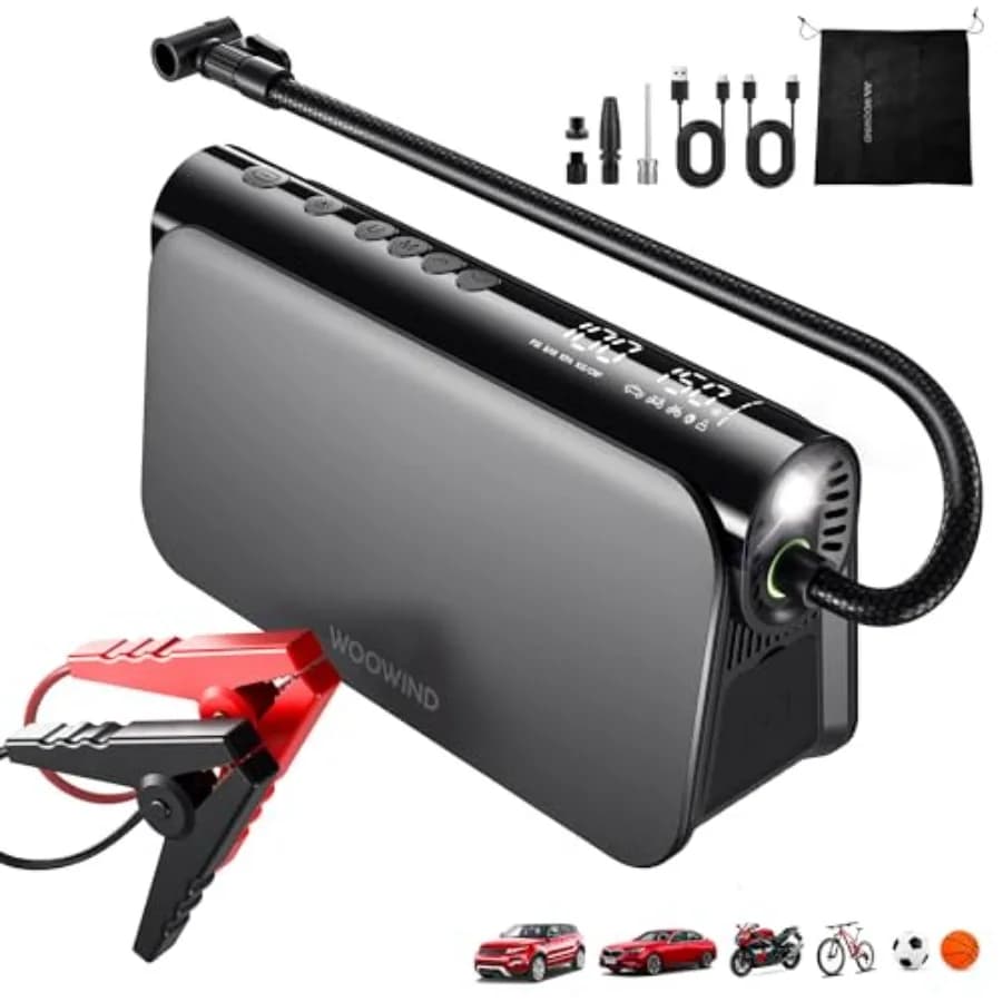 Avviatore di Emergenza con Compressore d'Aria 3-in-1, Booster per Batteria Auto, Power Bank 65W, Gonfiatore Portatile 150 PSI per Motori a Benzina 6.0L e Diesel 3.0L