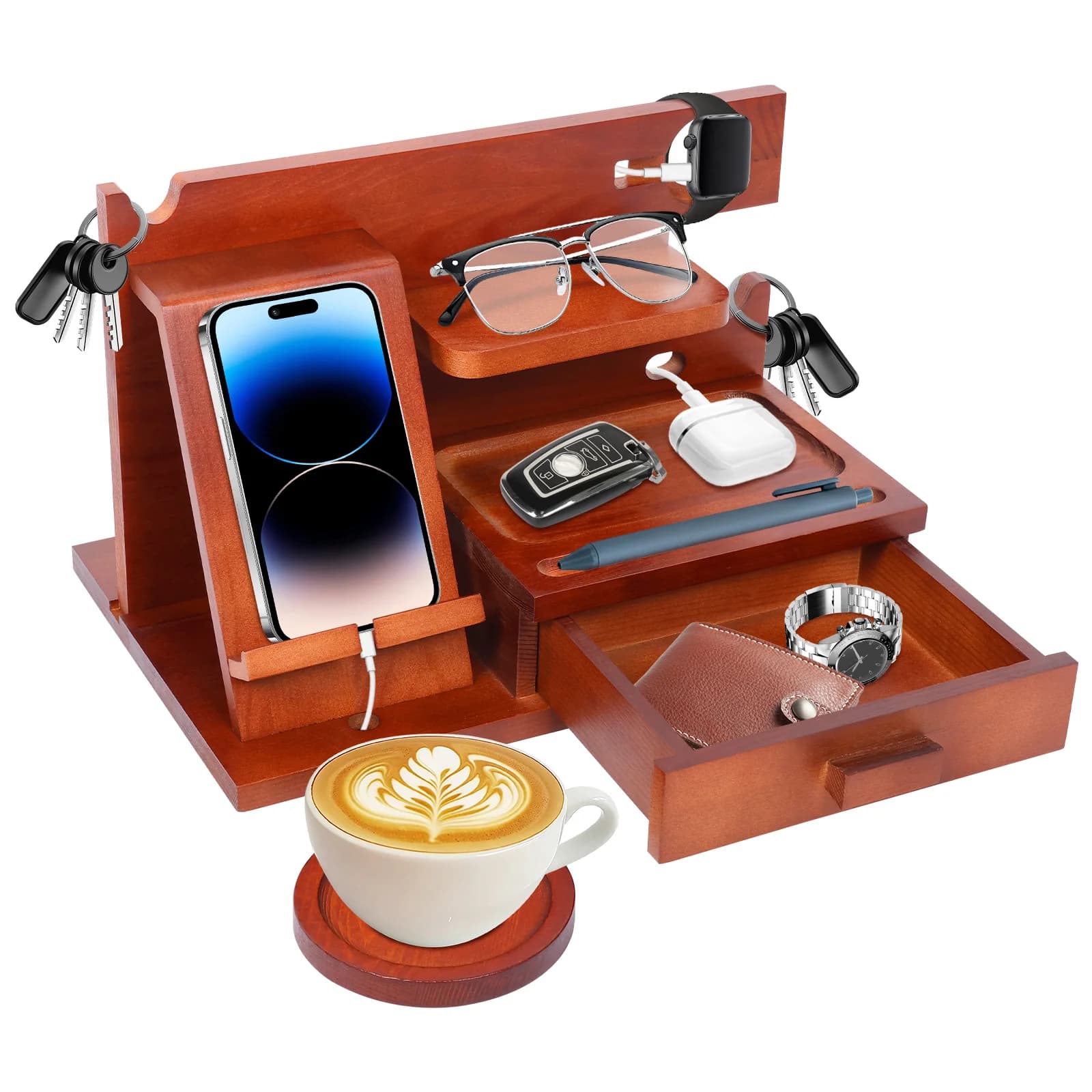 Stazione di ricarica per telefono in legno con cassetto, portaoggetti da comodino per chiavi, portafoglio, orologio, gioielli, organizer da scrivania multifunzionale