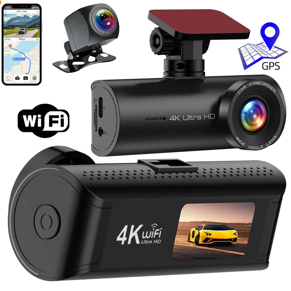 Dash Cam 4K+1080P with WiFi, 170 ° Grandangle, night vision, loop recording, parking monitor, vehicle camera with app control