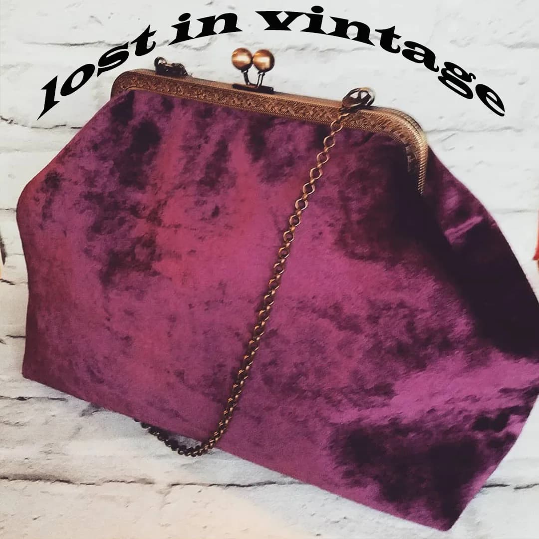 Lost in Vinatge Borsa in velluto Snap Ball Kiss Lock Borsa con struttura in metallo Pochette da sera con cornice antica dorata 35x25x10 cm