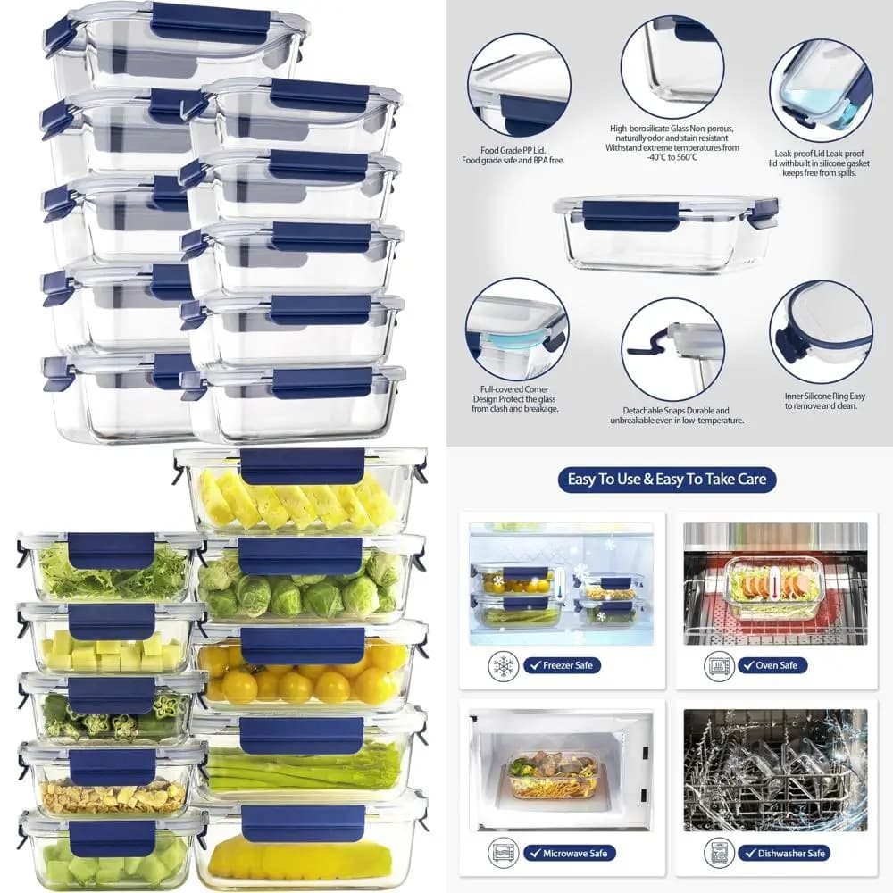 Set per la conservazione degli alimenti in vetro da 10 pezzi con coperchi ermetici, contenitori per la preparazione dei pasti senza BPA per il pranzo e lo stoccaggio