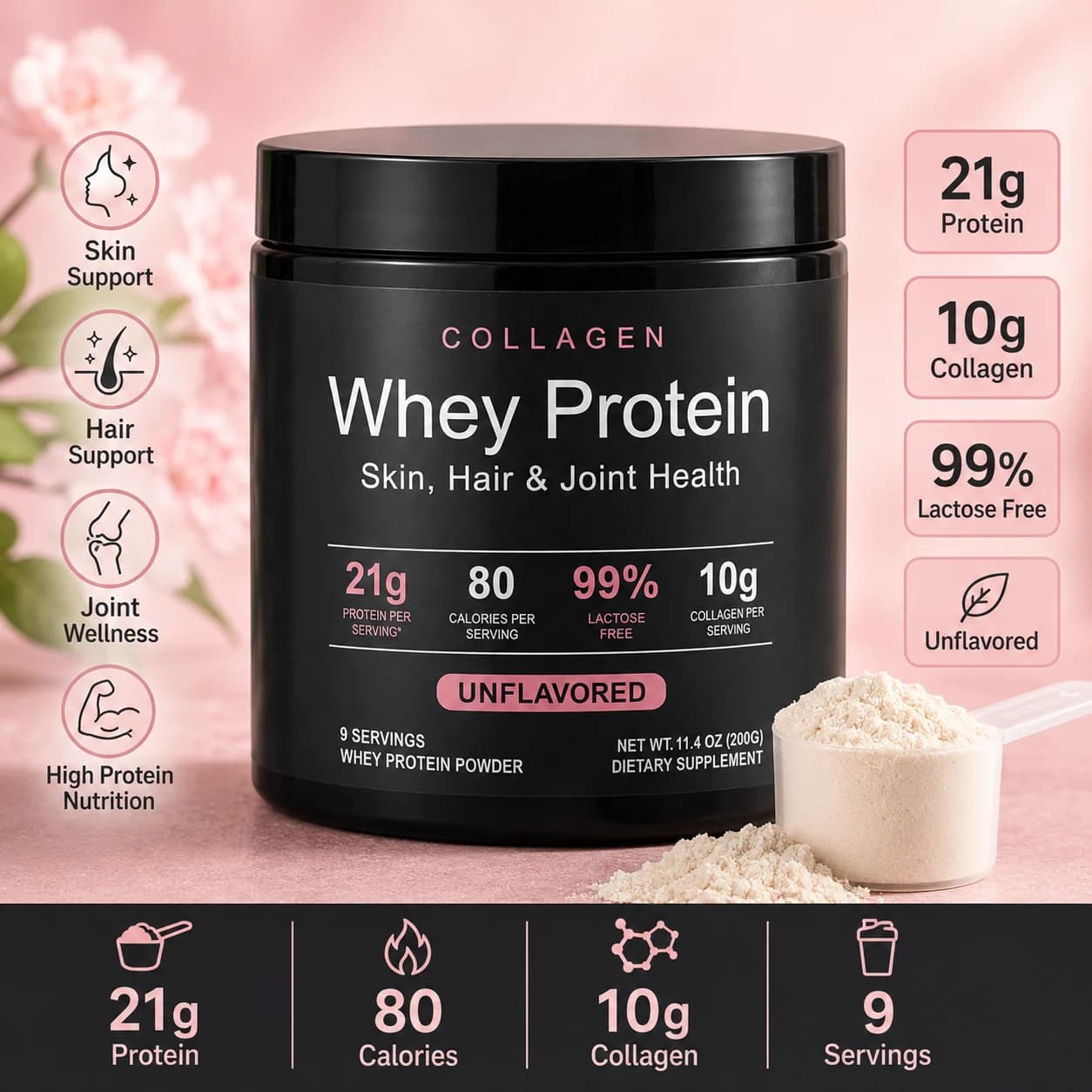 Polvere di Proteine del Siero di Latte con Collagene, 21g di Proteine, 10g di Peptidi di Collagene, Senza Sapore, 99% Senza Lattosio, Frullato Nutrizionale per Fitness, 9 Porzioni