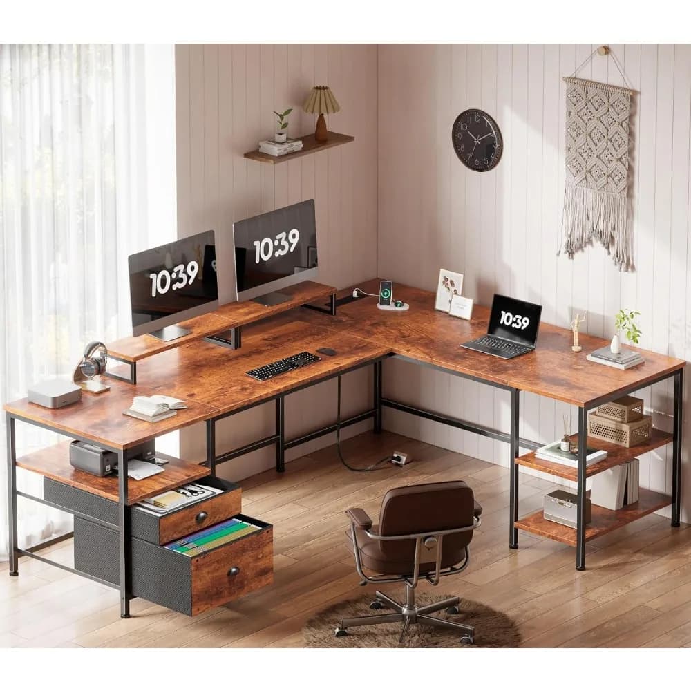 Scrivania a forma di L da 66 pollici con presa di corrente, scrivania reversibile per ufficio domestico con cassetto portadocumenti, 2 supporti per monitor, contenitore, personalizzabile