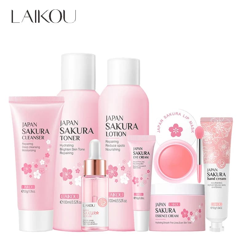 LAIKOU 8Pcs Sakura Set for facial care serum moisturizing nourishing soothing cream repair balm for lips cream for hands beauty makeup