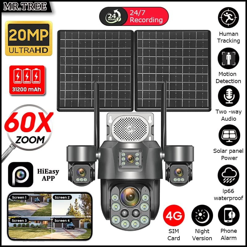 Telecamera PTZ con batteria solare da 5MP 4G SIM Sorveglianza esterna Allarme PIR Rilevazione movimento 2K Wifi Protezione di sicurezza CCTV Webcam IP