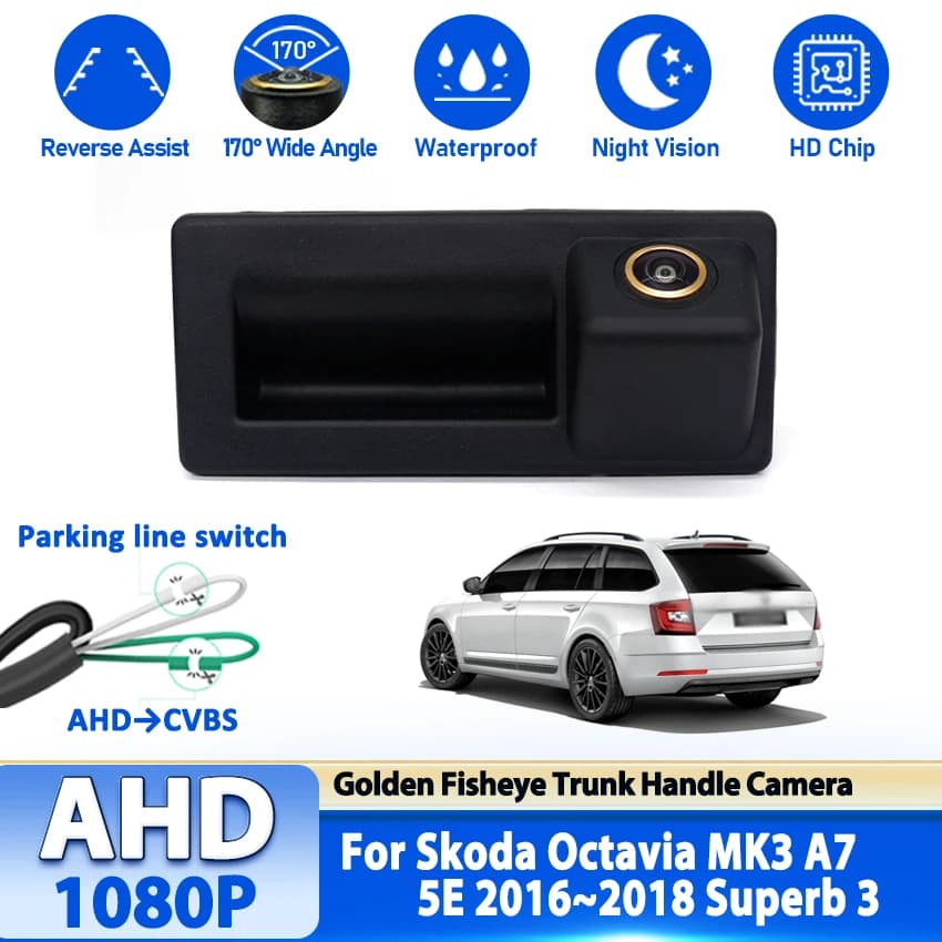 Auto Baule Posteriore Portellone Maniglia Della Porta Posteriore Vista Posteriore Telecamera di Backup HD Per Skoda Octavia MK3 A7 5E 2016 2017 2018 Superb 3 Fisheye