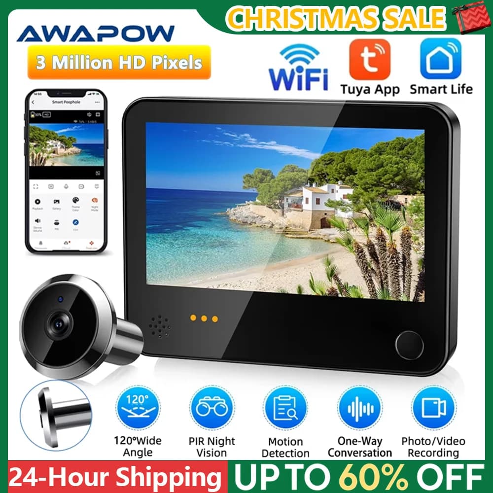 Awapow Tuya Porta di sorveglianza Telecamera spioncino intelligente Citofono visivo Telecamera radar digitale Rilevazione movimento Videocitofono wireless