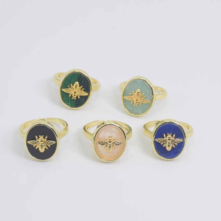 Anello di api in pietra naturale di moda gemme ovali quarzo rosa Lapis amazzonite anello ridimensionabile Color oro gioielli estivi da donna